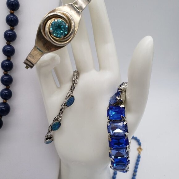 Huge Jewelry Lot of Blue and Silver Gold Tone Necklaces Bracelets Earrings Pins - Picture 4 of 15